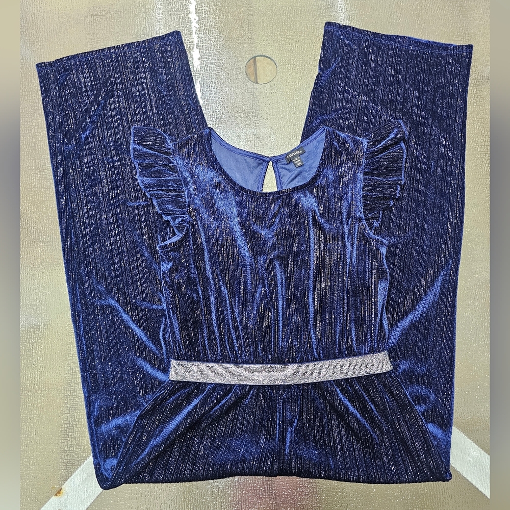 Zunie Girls Jumpsuit Blue Velvet Sparkle Ruffle Sleeve Holiday Party Outfit 10 - Picture 7 of 9